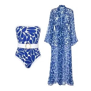 20Print Blue Tube Top 2023 Fashion High Waist Belt One-piece Bikini Sexy Beach Swimsuit and Long Veil Cover Up Swimwear Women