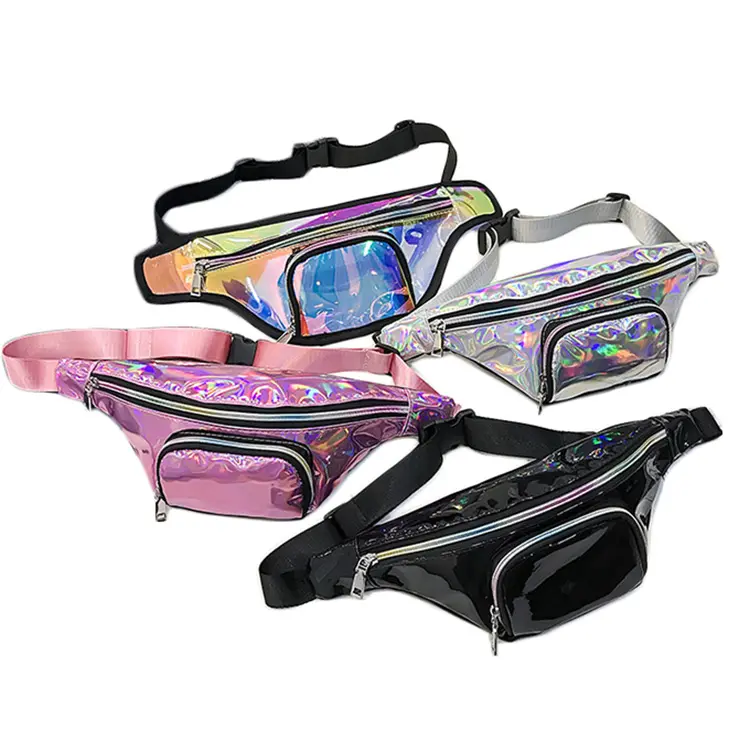 New 2019 Women Rainbow Belt Bag Shiny Neon Laser PVC Holographic Hologram Shoulder Hip Sport Custom Waist Transparent Fanny Pack