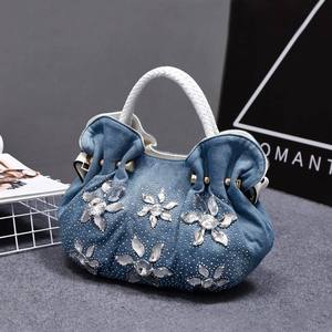 High quality Elegant Women's Denim Pillow Bag With Crystal Flower Daily Use <b>Handbag</b> denim women's bag versatile <b>small</b> bag - Product Image 1