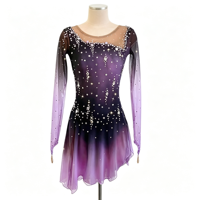 Robe de patinage artistique à manches longues, dégradé noir et violet, avec strass faits à la main, dos lacé en maille, pour filles et adultes