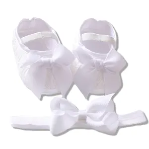 Chaussures de baptême pour bébé fille de 0 à 24 mois, bandeau plat en dentelle, chaussures fleuries pour 1er anniversaire
