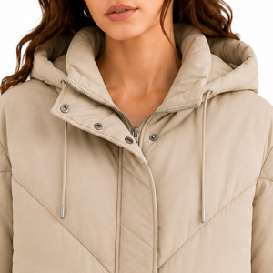 Manteau long matelassé en duvet pour <span class=keywords><strong>femme</strong></span>, couleur kaki, avec logo personnalisé, col en V, capuche à cordon de serrage, fermeture éclair intégrale, mi-mollet, coupe-vent, chaud et rembourré - Product Image 5