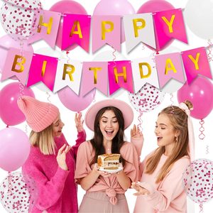 Décorations d'<span class=keywords><strong>anniversaire</strong></span> roses, bannière Joyeux <span class=keywords><strong>Anniversaire</strong></span>, ballons de 12 pouces avec <span class=keywords><strong>2</strong></span> rubans pour la décoration de fête des filles et des femmes - Product Image 4
