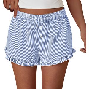 FOXA Pantalones cortos tipo bóxer a rayas para mujer, con volantes en el dobladillo, de algodón suave, informales, de verano, para descansar, con bolsillos - Product Image 1