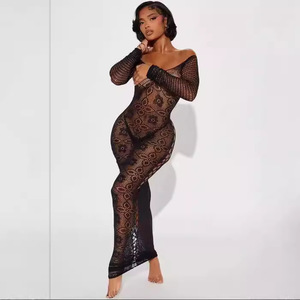 Châu Âu Mỹ Trung Đông Slim Fit Váy lưới gợi cảm có họa tiết hoa Màu đen dài tay Bodystocking - Product Image 1