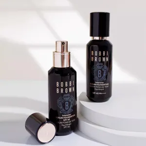 Bobbi botol kaca pompa 30ml, untuk Losion atau kemasan foundation mengkilap hitam dan tutup emas bertatahkan hitam