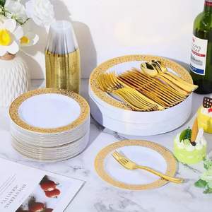 Assiettes en plastique bon marché en gros, design en dentelle creuse or <span class=keywords><strong>rose</strong></span>, ensembles de <span class=keywords><strong>vaisselle</strong></span> de fête, ensembles de <span class=keywords><strong>vaisselle</strong></span> jetables dorés, 250 pièces - Product Image 6