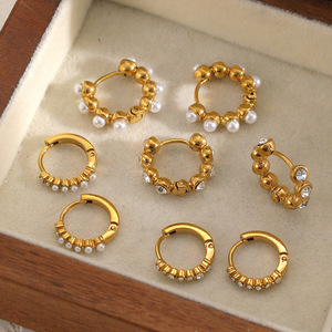 Gold Pearl Stainless Steel <b>Cuff</b> <b>Earrings</b> For Women Circular Ring Design Everyday Wear Bezel Setting TE60657-WT - Product Image 1