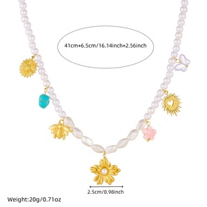 Elegant Pearl Beaded Necklace With Flower Sunflower Bee Pendant Gold Plated For Party Fashion Jewelry - Product Image 4