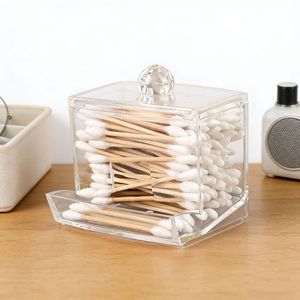 Cotton Swab Organizer Transparent Box With Lid For Desktop Storage PET Material - Product Image 1