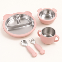 Baby Fütterungsschale Teller Becher Set Edelstahl Innen Silikon Außen Saugnapf-Basis Kleinkind Geschirr Entwöhnungs-Set BPA-frei