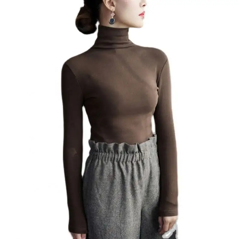 겨울 한국 디자인 여성 터틀넥 스웨터 슬림 긴팔 티셔츠 단색 인쇄 풀오버 바닥 셔츠