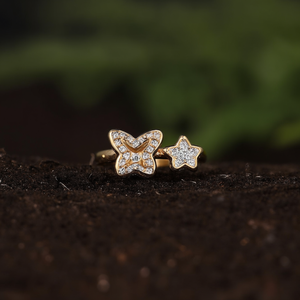 Bague tendance en acier inoxydable plaqué or, motif papillon et étoile avec détail diamant - Product Image 3