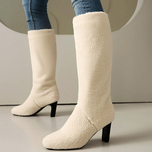 Bottes hautes en fourrure pour femmes, grande taille 44, talons épais mi-hauts, chaussures d'hiver à bout carré, bottines longues - Product Image 3
