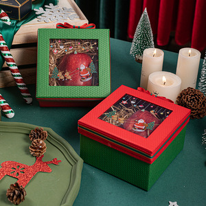 Christmas Gift Box <b>Square</b> Rigid Paperboard Red Green With Window Four-Color Printing Ribbon Decorative - Product Image 1