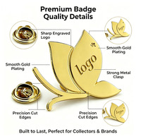 Badge papillon doré brillant personnalisé en alliage, gravé en 3D avec précision, certifié ISO, conception gratuite, faible MOQ, cadeau promotionnel pour marque, OEM