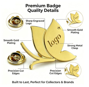 Badge papillon doré brillant personnalisé en alliage, gravé en 3D avec précision, certifié ISO, conception gratuite, faible MOQ, cadeau promotionnel pour marque, OEM - Product Image 2