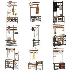 Porte-manteau industriel en gros, style vintage en bois et métal avec banc à <span class=keywords><strong>chaussures</strong></span>, marron rustique pour entrée et couloir - Product Image 1