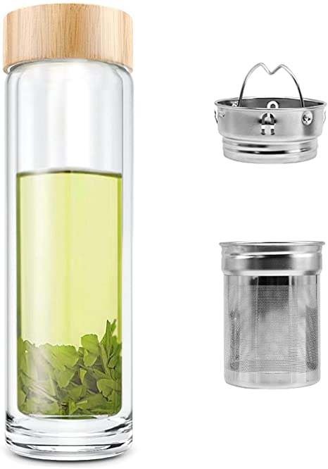 14oz Tea Bottle with Infuser Double Wall High Borosilicate Glass with Strainer & Infuser 400ml