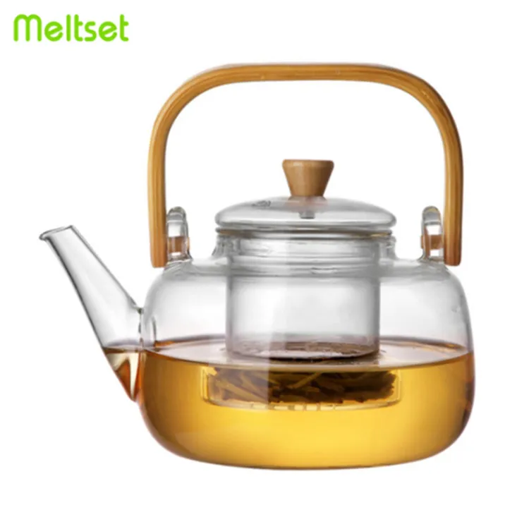 0.8/1L High-quality Hot Selling Heat Resistant Tea pot Clear Bamboo handle Glass Tea Kettle