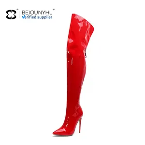 Neuankömmling OEM Party Schuhe Reiß verschluss innen über dem Knie Stiefel Sexy Ladies Pointed Toe Red Shine Oberschenkel High Stiletto Stiefel für Frauen