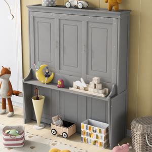 <span class=keywords><strong>Lit</strong></span> Murphy <span class=keywords><strong>mural</strong></span> gris taille Queen avec étagère latérale, meuble de chambre multifonctionnel - Product Image 6