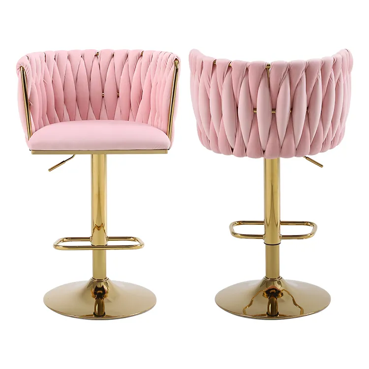 Cozinha Velvet Woven Bar Stools com Back Modern Altura ajustável Swivel Barstools Counter Cadeiras Gold Metal Base