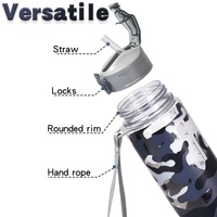 Bouteille d'eau réutilisable en plastique anti-fuite de 750 ml avec imprimé camouflage pour la rentrée scolaire, la randonnée, le camping et les voyages