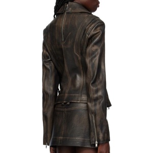 Nouvelle Collection : Ensemble en Cuir Femme Style Moto de Haute Qualité – Veste Multi-Zippée et Jupe Trapèze en Cuir Délavé Effet Acide - Product Image 3