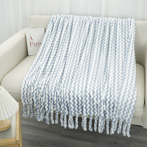 <strong>Blue</strong> and White Striped <strong>Throw</strong> with Plait, Soft Chenille Knitted Lightweight Fleece Blanket with Tassels for Couch Sofa Bed - Product Image 3