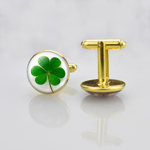 Bốn Lá Cỏ Ba Lá Khuy măng sét St. patricks ngày bên đồ trang sức bạc vàng kim loại Khuy măng sét may mắn cỏ ba lá màu xanh lá cây Cuff liên kết người đàn ông - Product Image 2