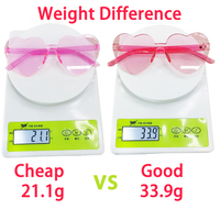 2025 haute qualité sans monture amour couleur transparente femmes coeur forme nuances lunettes de soleil avec charnière en métal épaisseur 3.1mm poids 34g