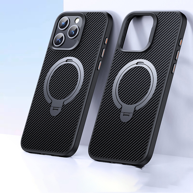 Carbon Fiber Magnetic Phone case for iPhone 16 15 14 13 12 Pro 360 Rotation Ring Kickstand Phone Cover for Samsung
