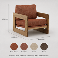 Fauteuil lounge en lin terre cuite, style mid-century, avec cadre en bois en forme de traîneau et dossier incurvé pour salon, personnalisable OEM ODM