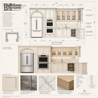 Meubles de cuisine sur mesure en crème française, armoire à appareils électroménagers à arche romaine architecturale, armoire de style manoir en marbre Calacatta