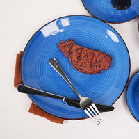 Ensemble de table en grès peint à la main bleu 16 pièces, assiette ronde de qualité supérieure, bol et tasse de promotion, vaisselle élégante pour 4 personnes