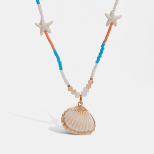 Stainless Steel Seed Bead Shell Pendant Necklace With Starfish Orange Blue Beads Resort Style - Product Image 1