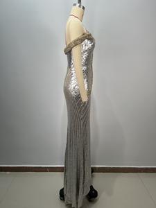 Elegante abito da sera con paillettes argento da donna con spalle scoperte lungo abito formale a sirena di lusso abiti da sera scintillante - Product Image 5