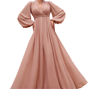 Vestido Formal de Gasa Elegante de Alta Gama para Mujer con Cuello en V, Volantes, Pliegues, Manga Larga Abullonada, Cintura Delgada y Dobladillo Delicado Acampanado - Product Image 1