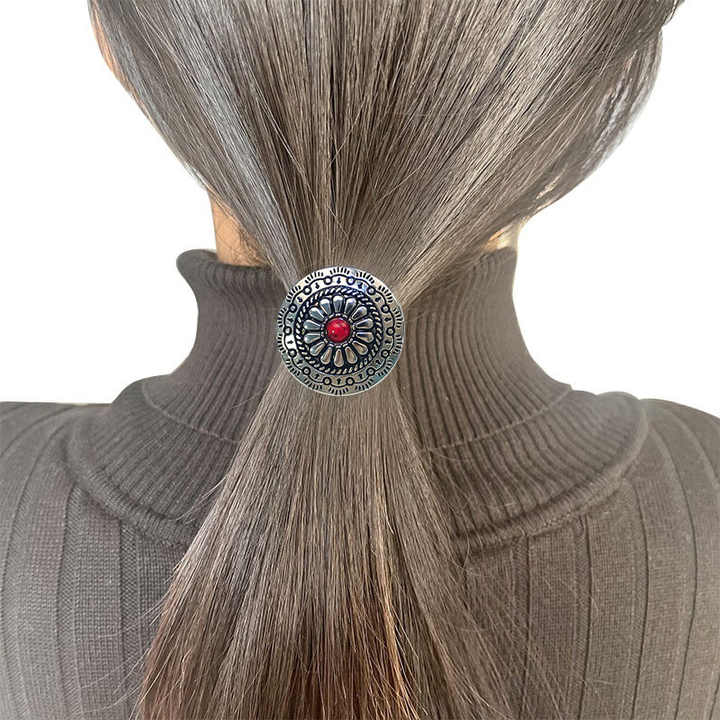 Western Hair Accessories for Women Turquoise Squash Blossom Hairband Tie Ponytail Holder Western Concho Pony Tail Hair Tie
