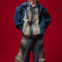 Ensemble Jean et Veste en Denim Plissé Dégradé Lavé à l'Acide Respirant et Personnalisé pour Homme, Coupe Ample, Tissé, Style Hip Hop de Haute Qualité