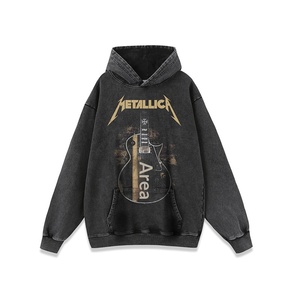 Cross-Border Rock Guitar <b>Printed</b> Winter Hoodie Vintage Washed Heavy Cotton 400g+ Loose Crew Neck Men's Long-Sleeve - Product Image 3