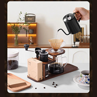Set Pembuat Kopi Pour Over, Penggiling Kopi Manual, Teko Gooseneck 600ml, Dripper, Server Kaca, Alas Kayu Akasia, Hadiah untuk Seduh Kopi di Rumah