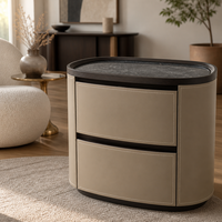Table de chevet beige en cuir pleine fleur, 2 tiroirs, fermeture douce, sans poignée, plateau en pierre frittée, pour chambre à coucher