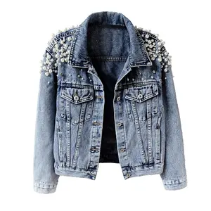 Women Basic Coats Women Denim Jacket Pearls Beading Fashion Jeans Coat Loose Long Sleeve Jackets