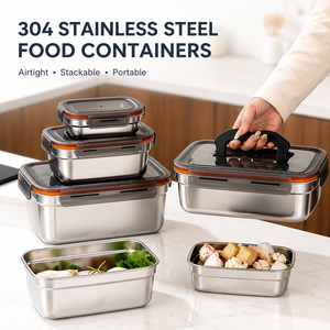 304 Stainless Steel Food Containers Rectangular Airtight Stackable Portable With Handles Dishwasher Safe Freezer Safe - Product Image 1