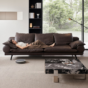 Italian Minimalist Designer Sofa Modern Genuine Leather Down Filled Brown Straight Row Couch For Living Room - Product Image 2