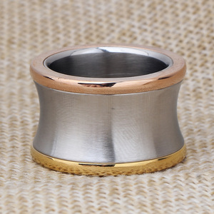 Three Color Smooth 15Mm Band <b>Ring</b> Stainless Steel Women's Fashion Jewelry Gift Round Geometric Shape Two Tone CG1361 - Product Image 2