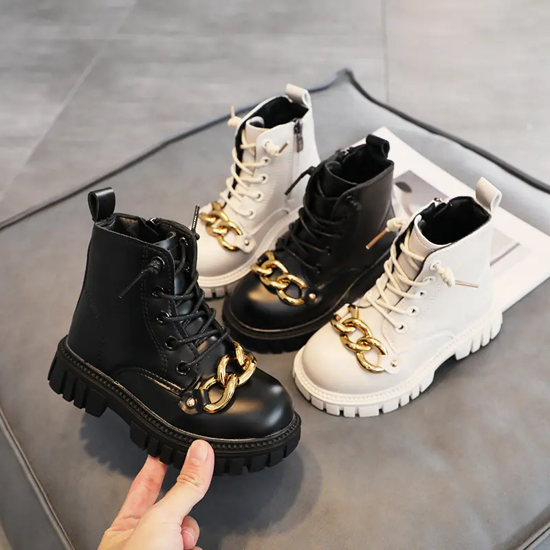 2023 autumn and winter models plus velvet cotton boots boys and girls metal chain middle boots Children's Martin boots