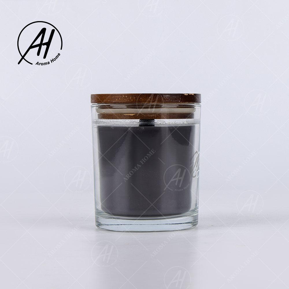 Transparent Glass Jar Brown Lid Cross Wooden Wick Soy Wax Scented Candle Black 0